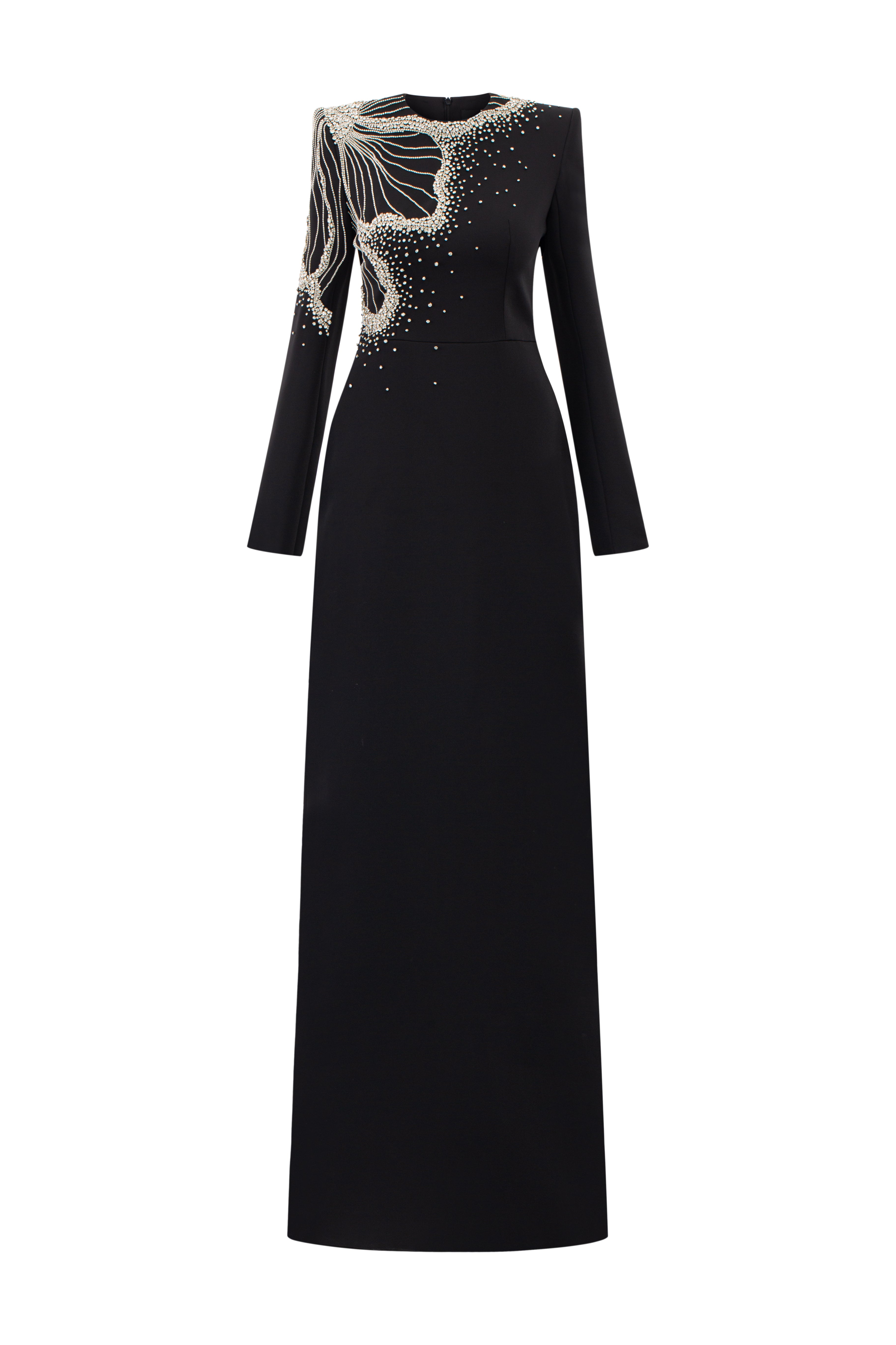 One Side Floral Crystal Embellishment Long Sleeves Dress